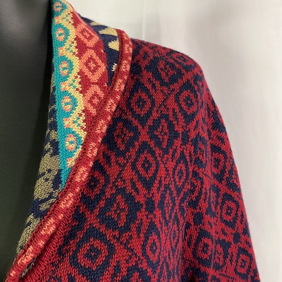 Sahalie Red Multicolor Printed Zip Front Wool Blend Duster Cardigan - Picture 6 of 16